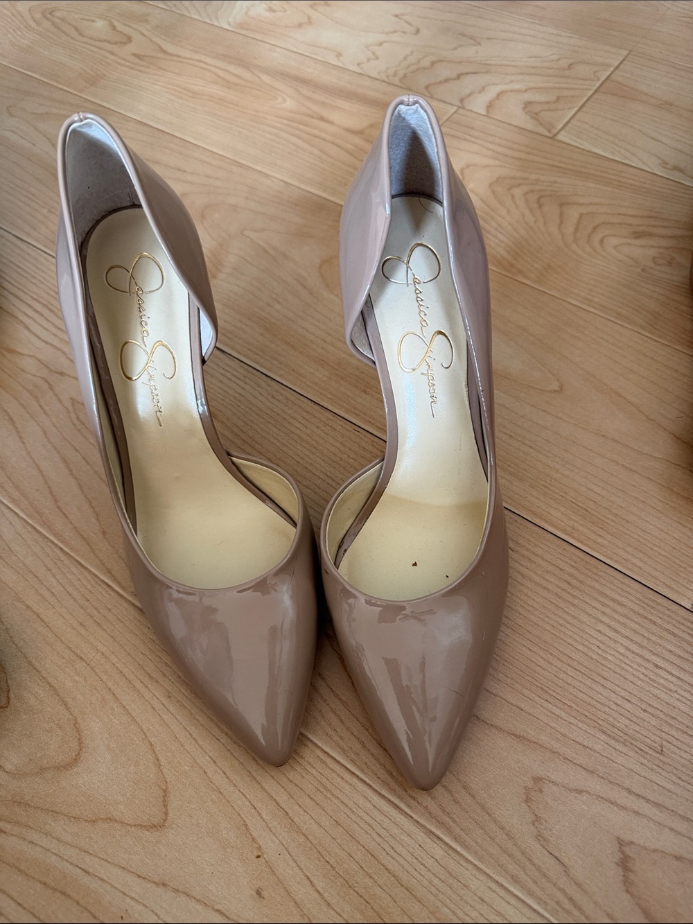 Jessica Simpson Taupe Patent Pointed-Toe D'Orsay Pumps